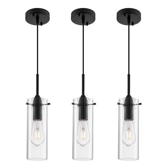 3-Pack Black Pendant Lights Clear Glass Modern Kitchen Island - Picture 1 of 8
